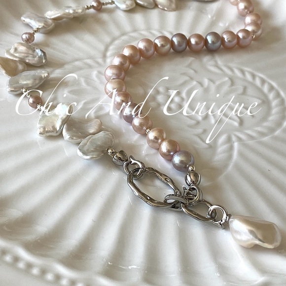 N2-Handmade Half Petal Pearls Half Candy Color Pearl Necklace - Picture 5 of 9